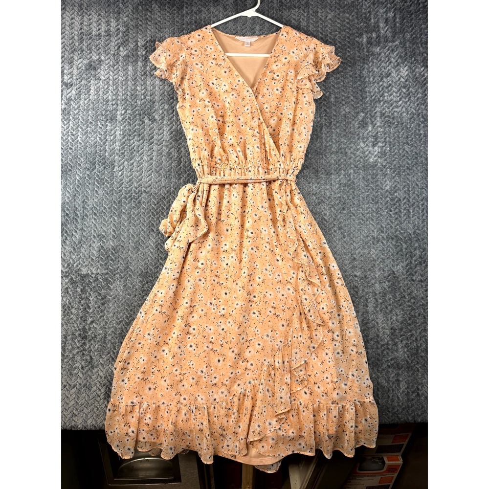 LC Lauren Conrad Wrap Midi Dress Women Small Peach Floral Flutter Sleeve Classic